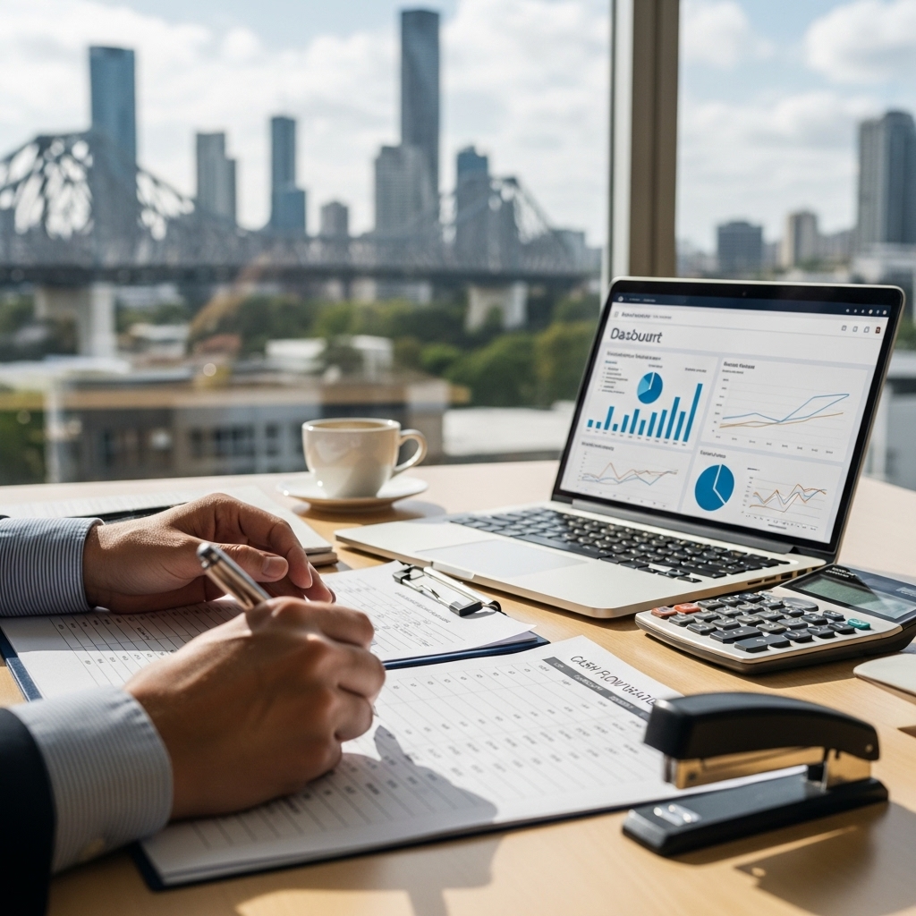 Business owner analysing cash flow forecast in Brisbane office